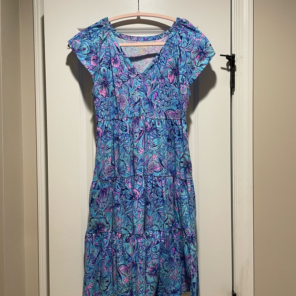 Lilly Pulitzer Blue & Pink Floral V-Neck Tiered Midi Dress